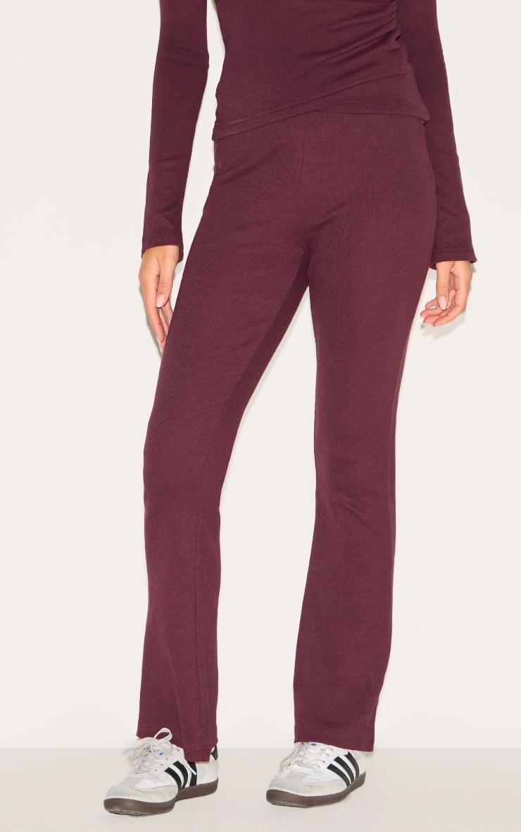 Plum Ribbed Elasticated Skinny Flare Pants Product Image