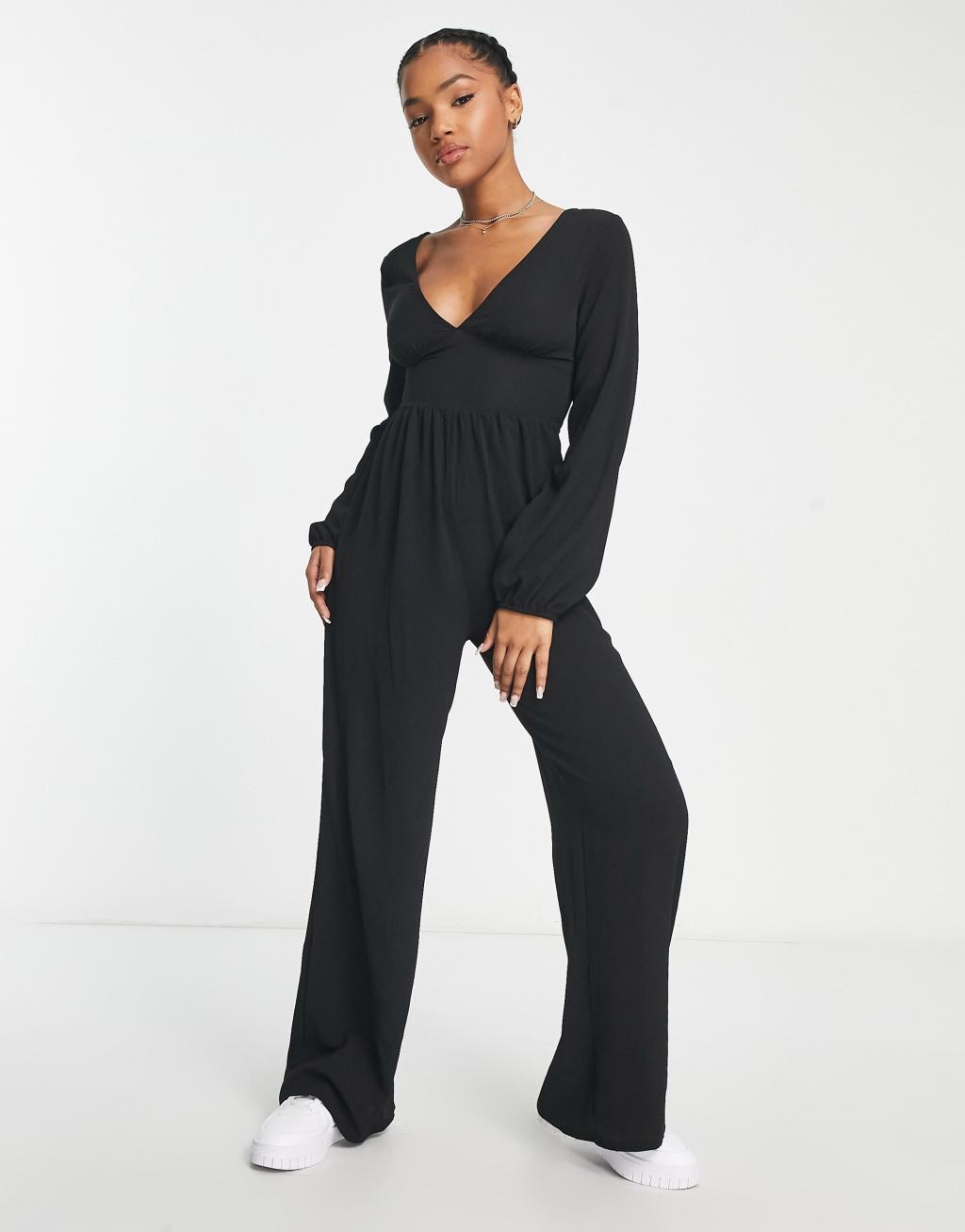 ASOS DESIGN bubble crepe button back long sleeve jumpsuit in black Product Image