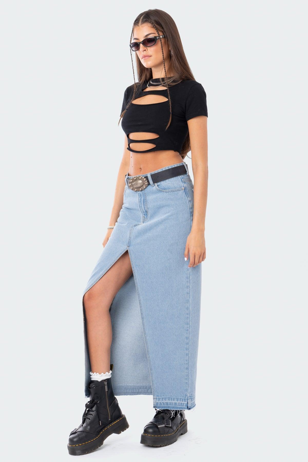 Front Slit Maxi Denim Skirt Product Image