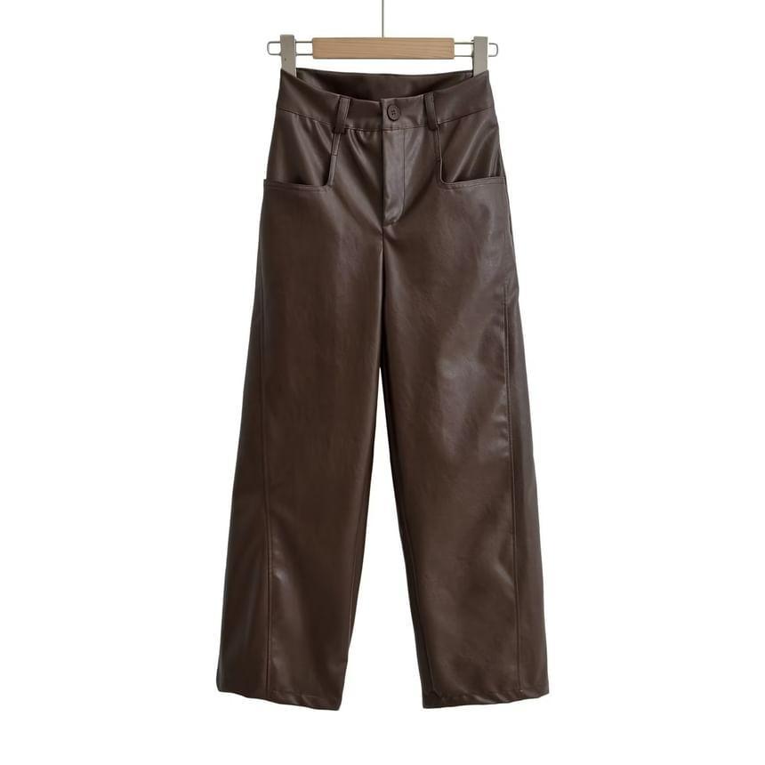 High Rise Faux Leather Plain Flared Pants Product Image