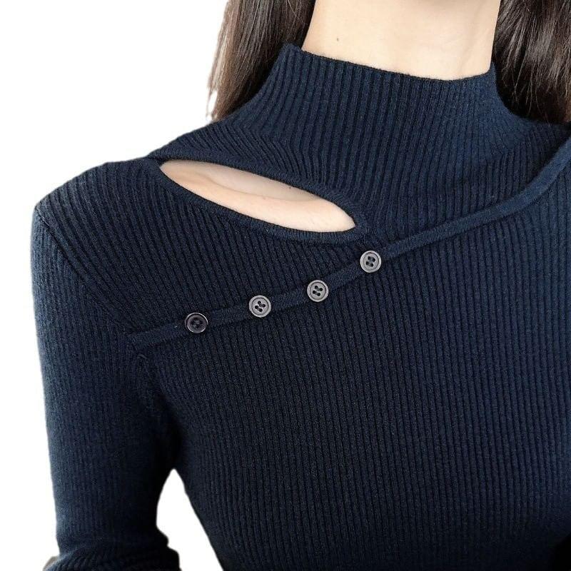 Long Sleeve Mock Neck Plain Cutout Ribbed Knit Top Product Image