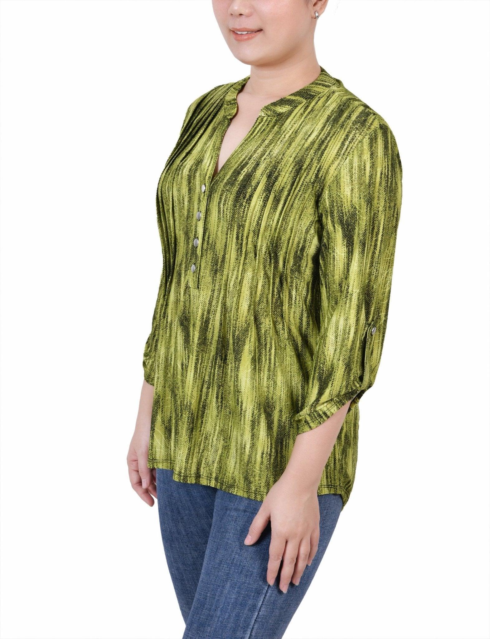 Chartreuse 3/4 Sleeve Roll Tab Y Neck Top Product Image