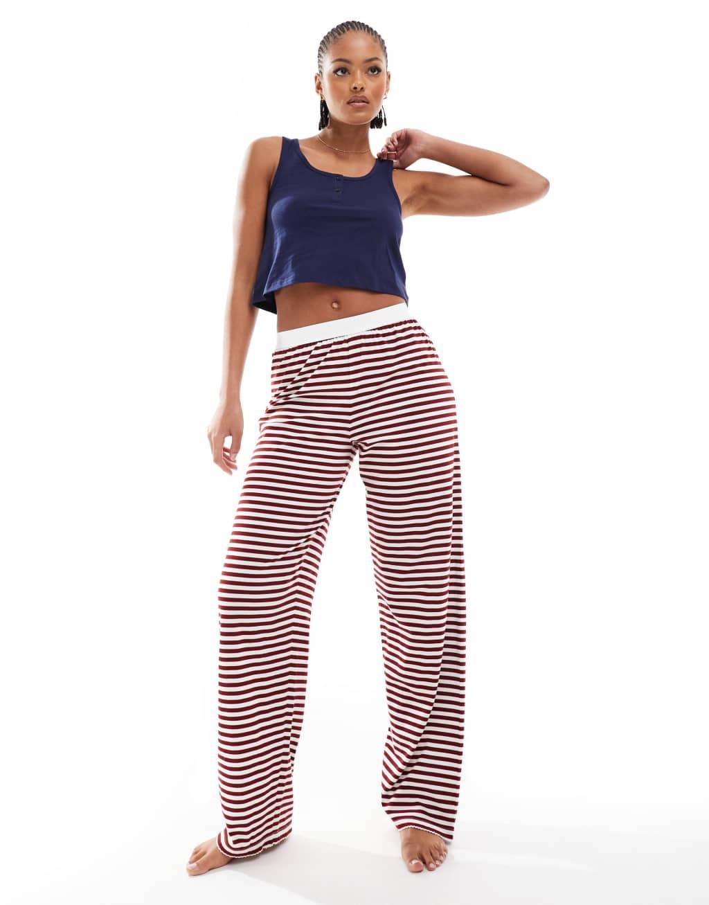 ASOS DESIGN Tall mix & match pajama pants with exposed waistband and picot trim in burgundy stripe Product Image