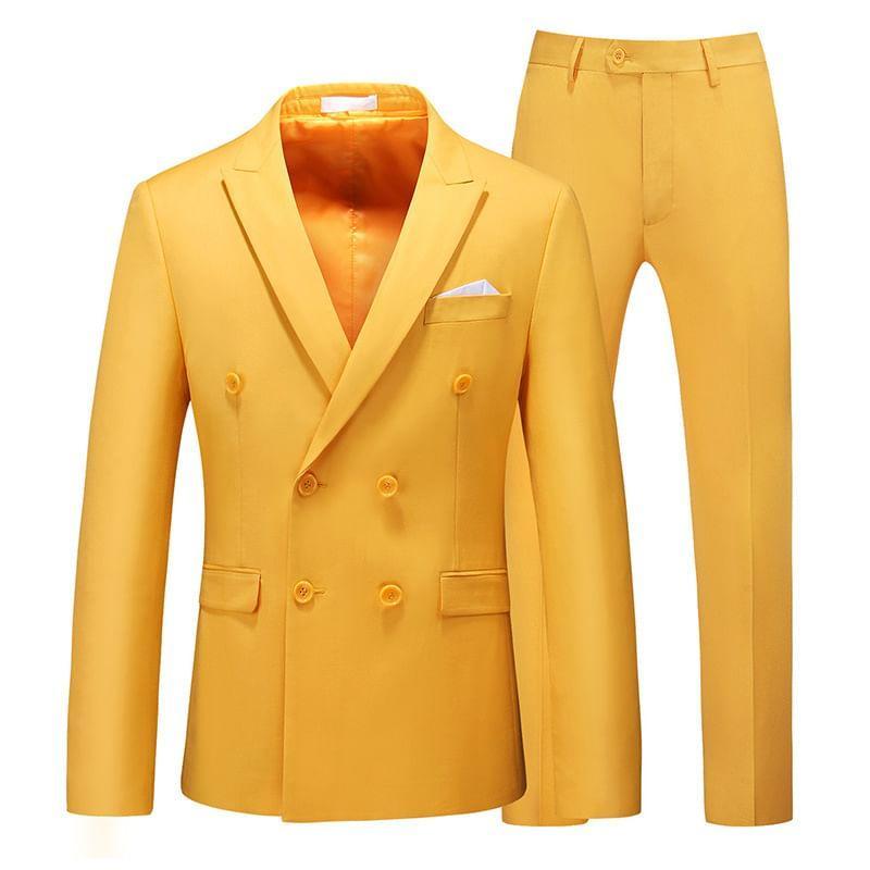 Set: Peak Lapel Plain Double-Breasted Blazer + Tapered Dress Pants Product Image