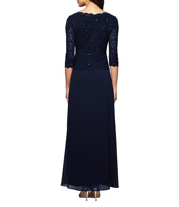 Alex Evenings 3/4 Sleeve Sequined Lace Crew Neck Scalloped Bodice Chiffon Skirted Gown Product Image
