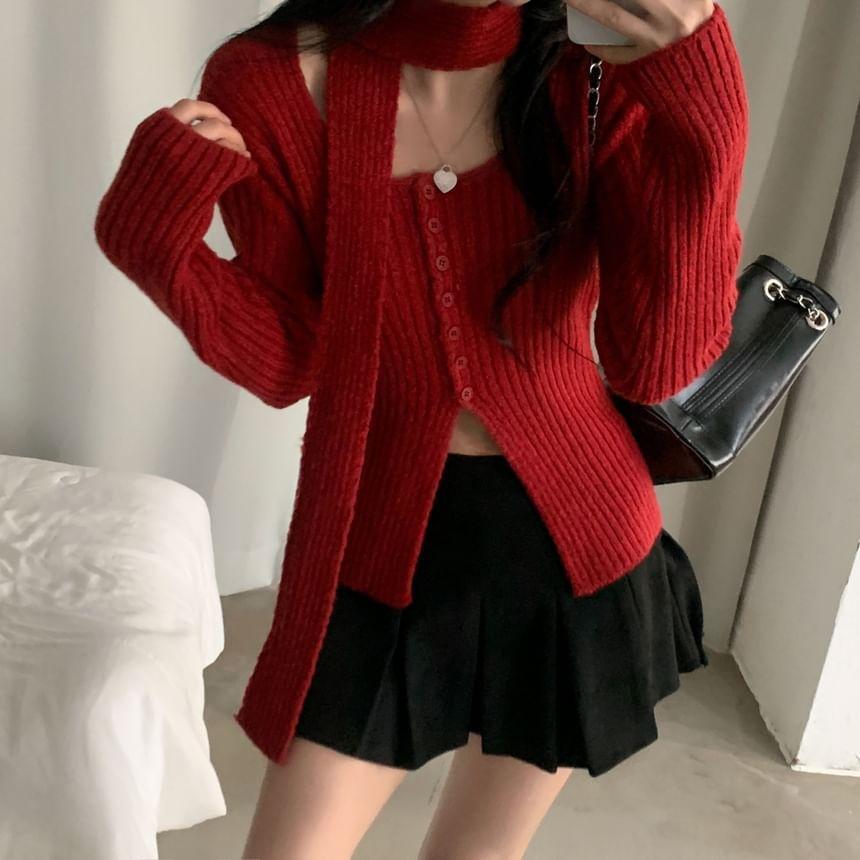 Long Sleeve Square Neck Ribbed Knit Cardigan with Scarf Product Image