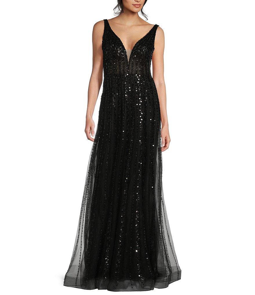 GB Social Beaded Deep V-Neck Beaded Tulle Gown Product Image