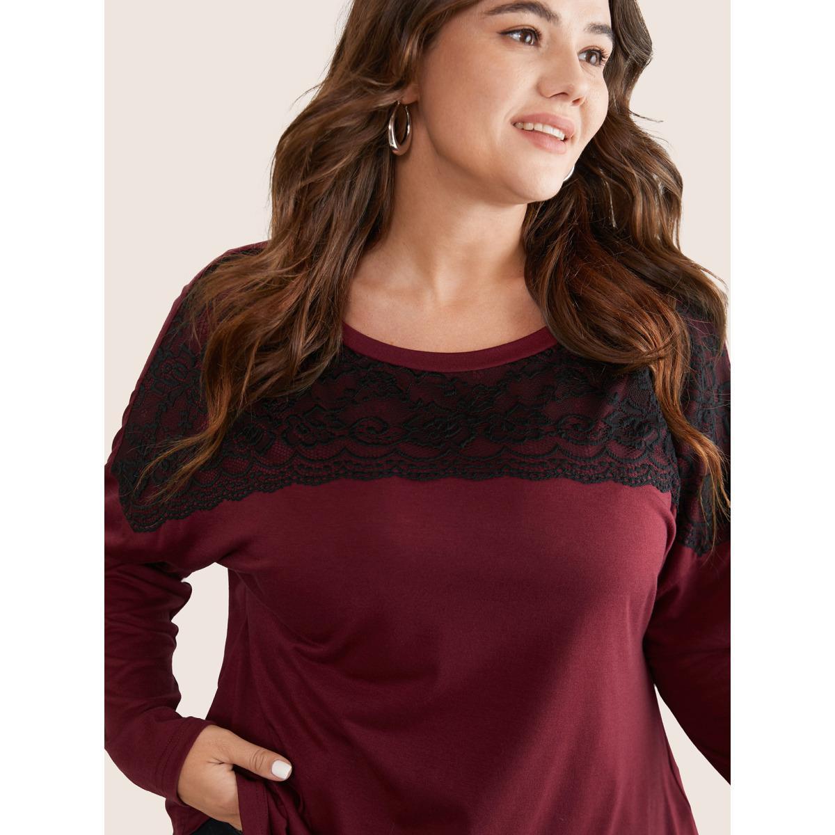 Plus Size Contrast Lace Panel Drop Shoulder T-shirt Burgundy Women Elegant Contrast Plain Round Neck Dailywear T-shirts BloomChic 28/5X Product Image