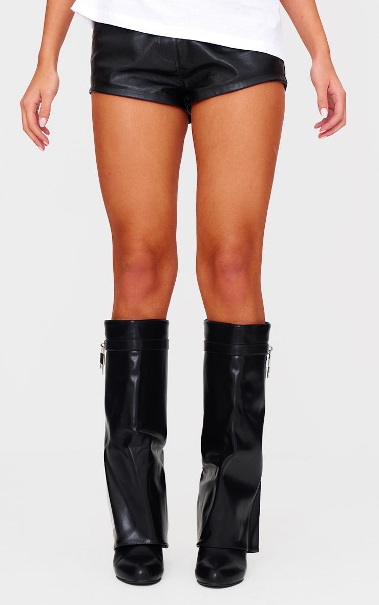 Black PU Point Toe Fold Over Lock Charm Wedge Heeled Knee Boots Product Image