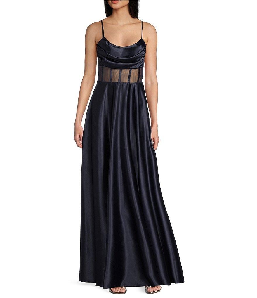 Next Up Drape Neck Illusion Corset Satin Gown Product Image