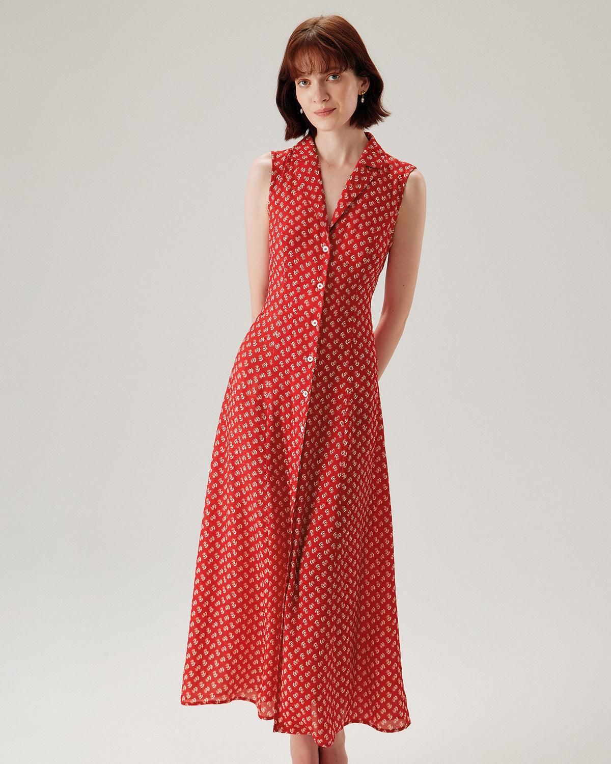 Red Floral Button Sleeveless Maxi Dress Product Image