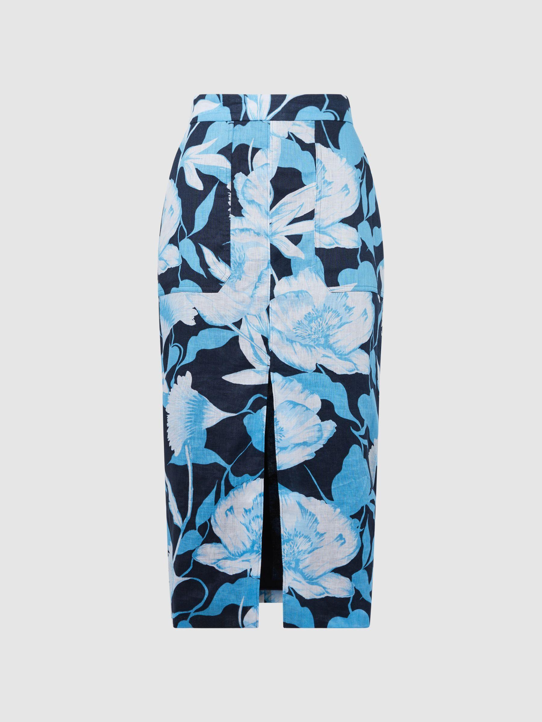 Floral Print High Rise Midi Skirt in Navy/Blue Product Image