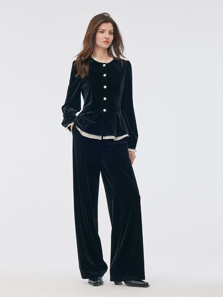 Velvet Ruffle Hem Jacket And Pants Two-Piece Set Product Image