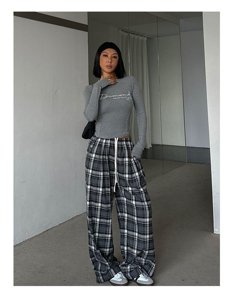 Drawstring Waist Plaid Wide Leg Pants Product Image