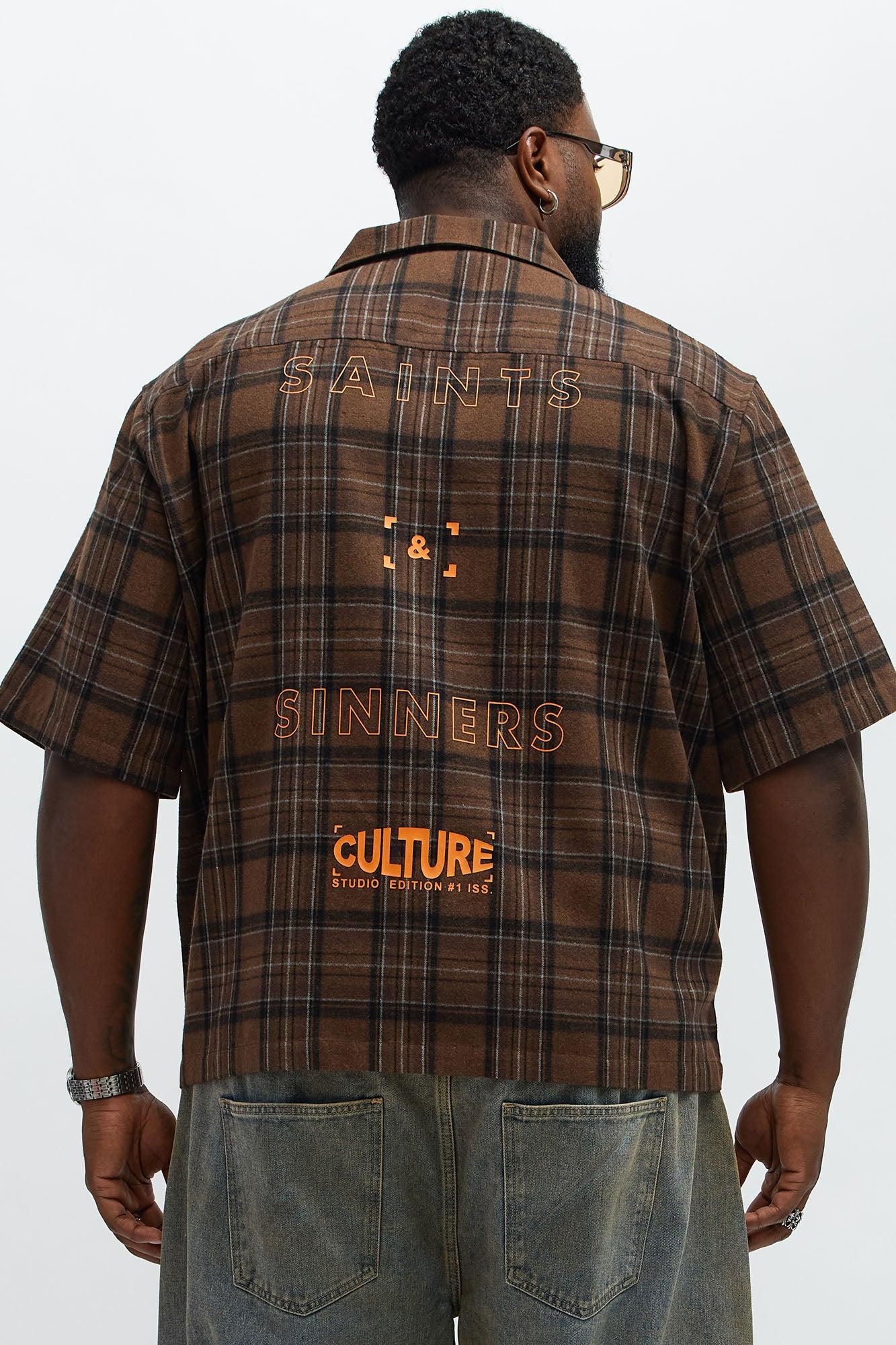 Culture Plaid Cropped Button Up Shirt - Brown Product Image