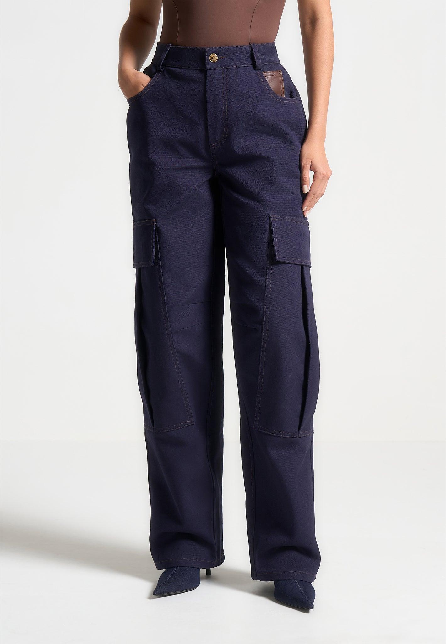 High Rise Drill Cargo Pants - Indigo Female Product Image