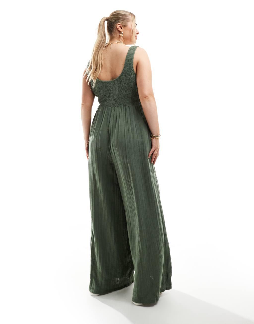 ASOS DESIGN Curve scoop neck wide leg jumpsuit in khaki Product Image