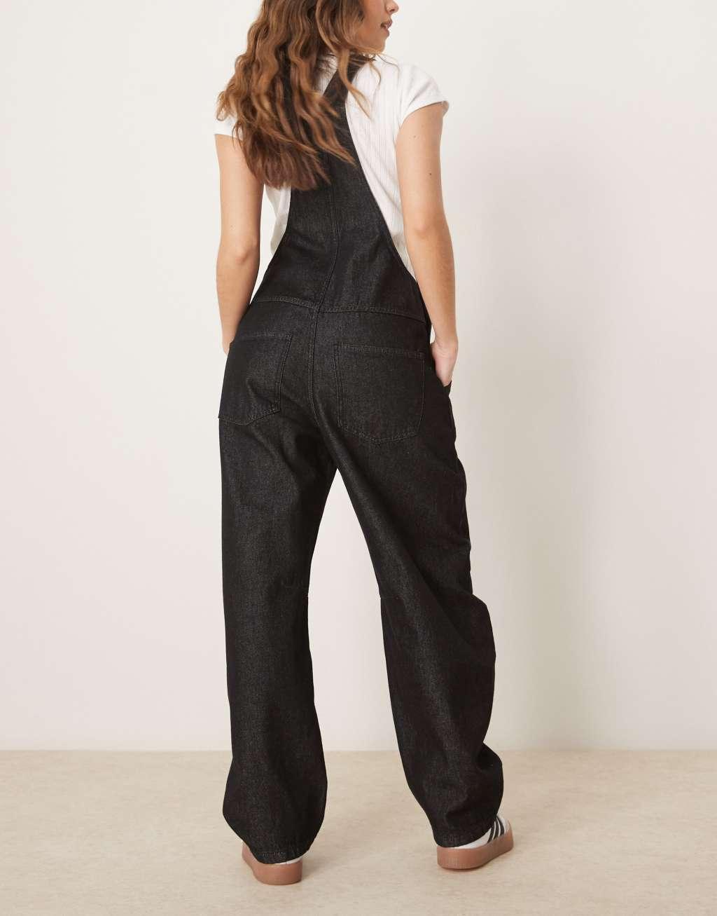 ASOS DESIGN barrel leg denim overalls in black Product Image