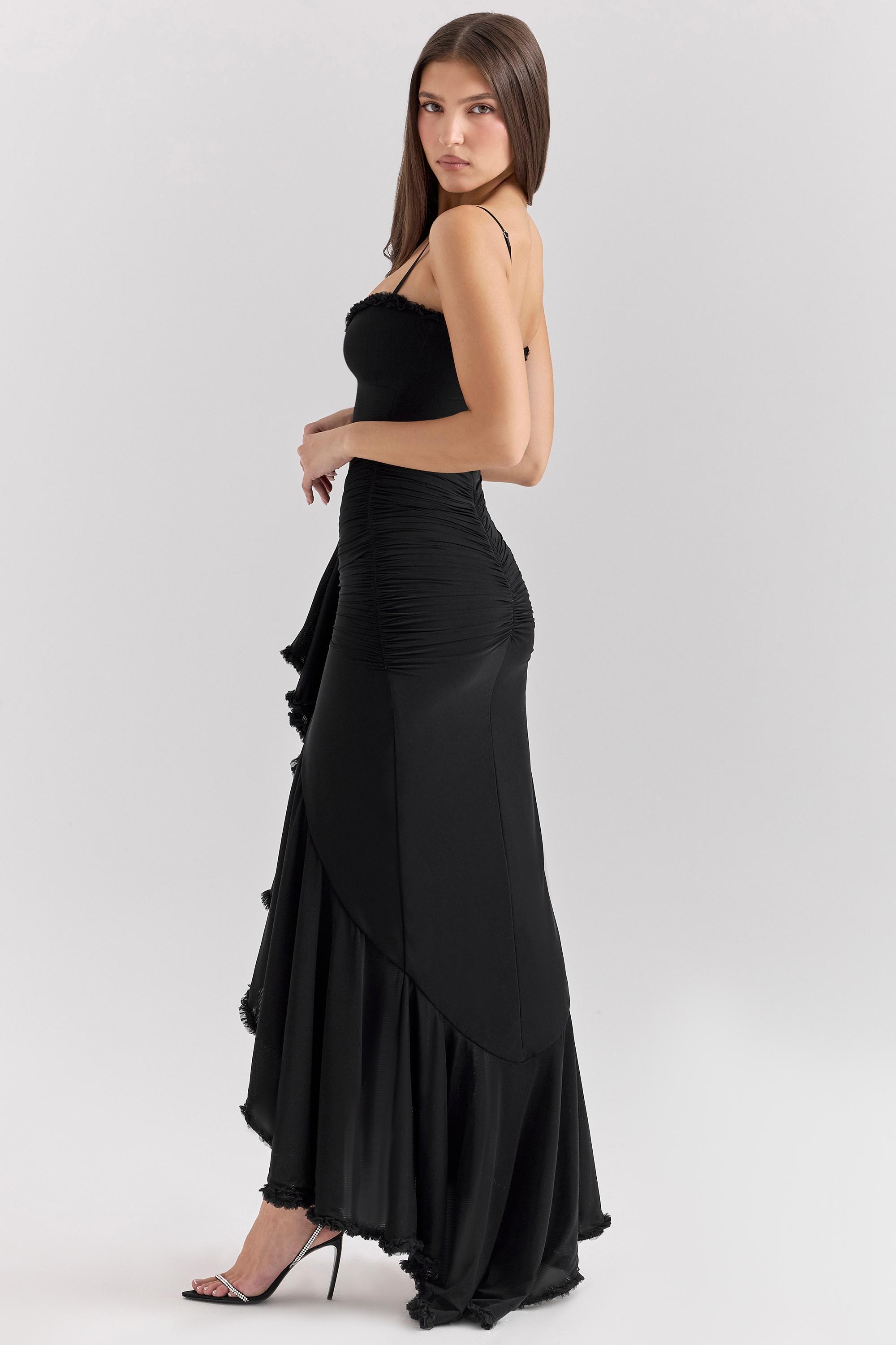 Gabbi Black Mesh Ruffled Front Gown Product Image