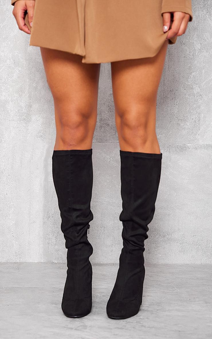 Black Faux Suede Round Toe Knee High Block Heeled Sock Boots Product Image