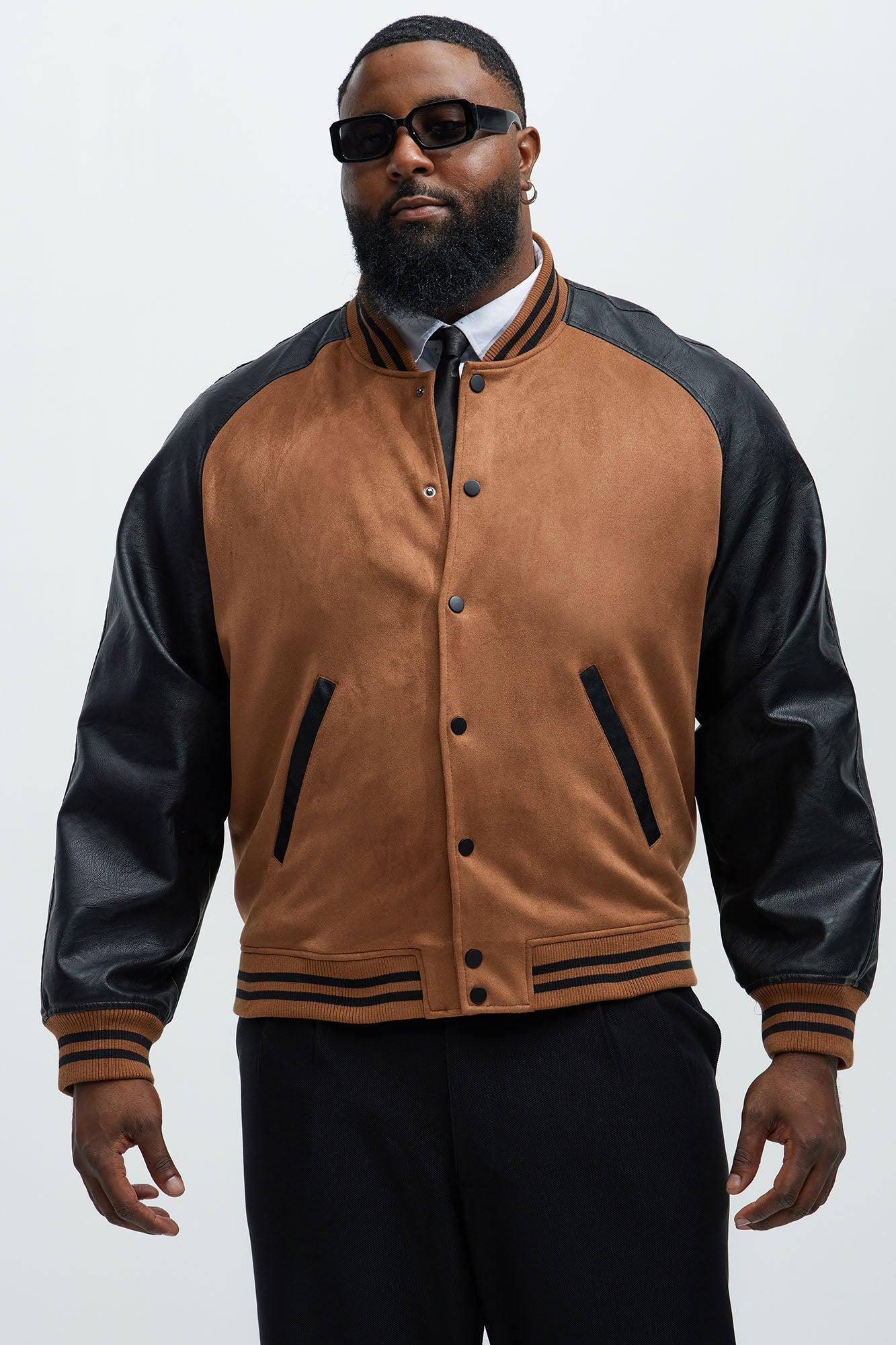 Faux Suede Raglan Varsity Jacket - Camel/combo Product Image