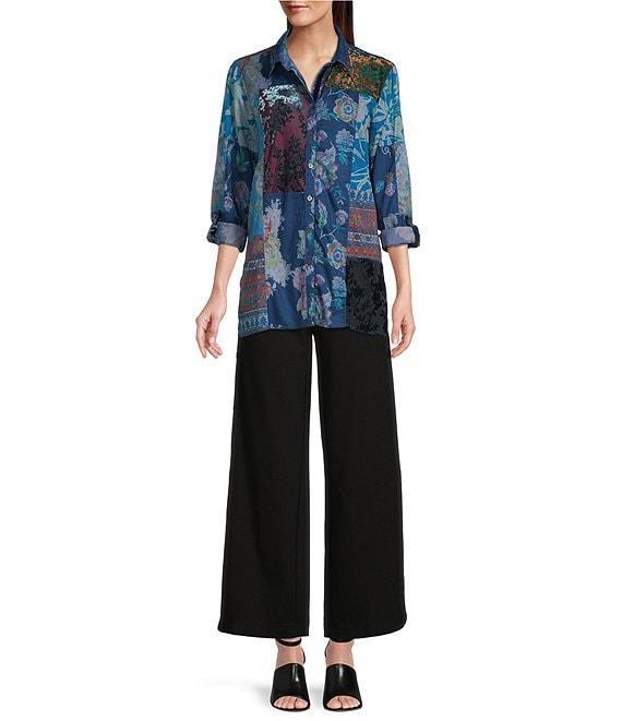 John Mark Patchwork Print Button Front Long Roll-Tab Sleeve Blouse Product Image