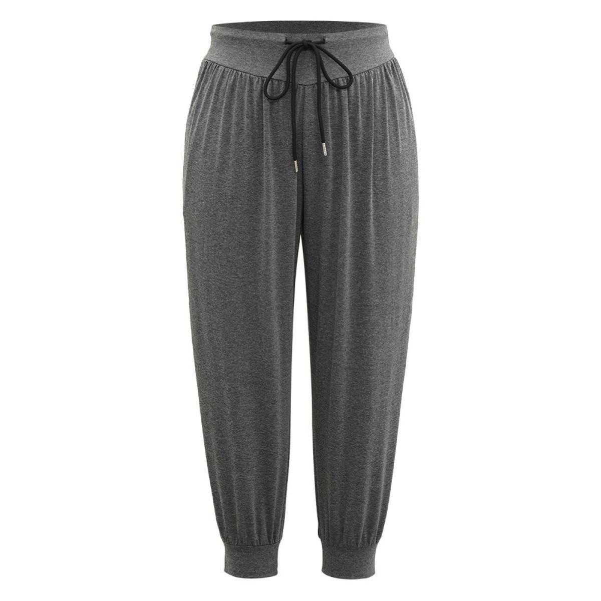 Plus Size Solid Drawstring Elastic Waist Cuffed Pants Women DimGray Casual High Rise Dailywear Pants BloomChic 14-16/1X Product Image