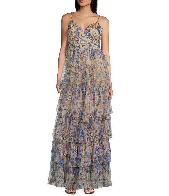 Blondie Nites Floral Mesh V-Neck Spaghetti Strap Corset Tiered A-Line Dress Product Image