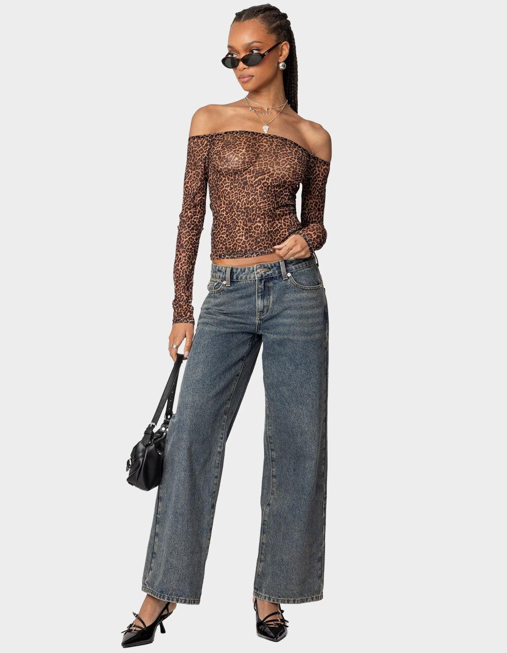 EDIKTED Leopard Sheer Mesh Off Shoulder Top Product Image