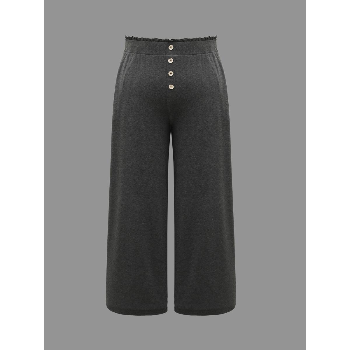 Plus Size Button-Front Ruffled Waist Stretchy Pants Women DimGray Casual Wide Leg Mid Rise Everyday Pants BloomChic 26/4X Product Image
