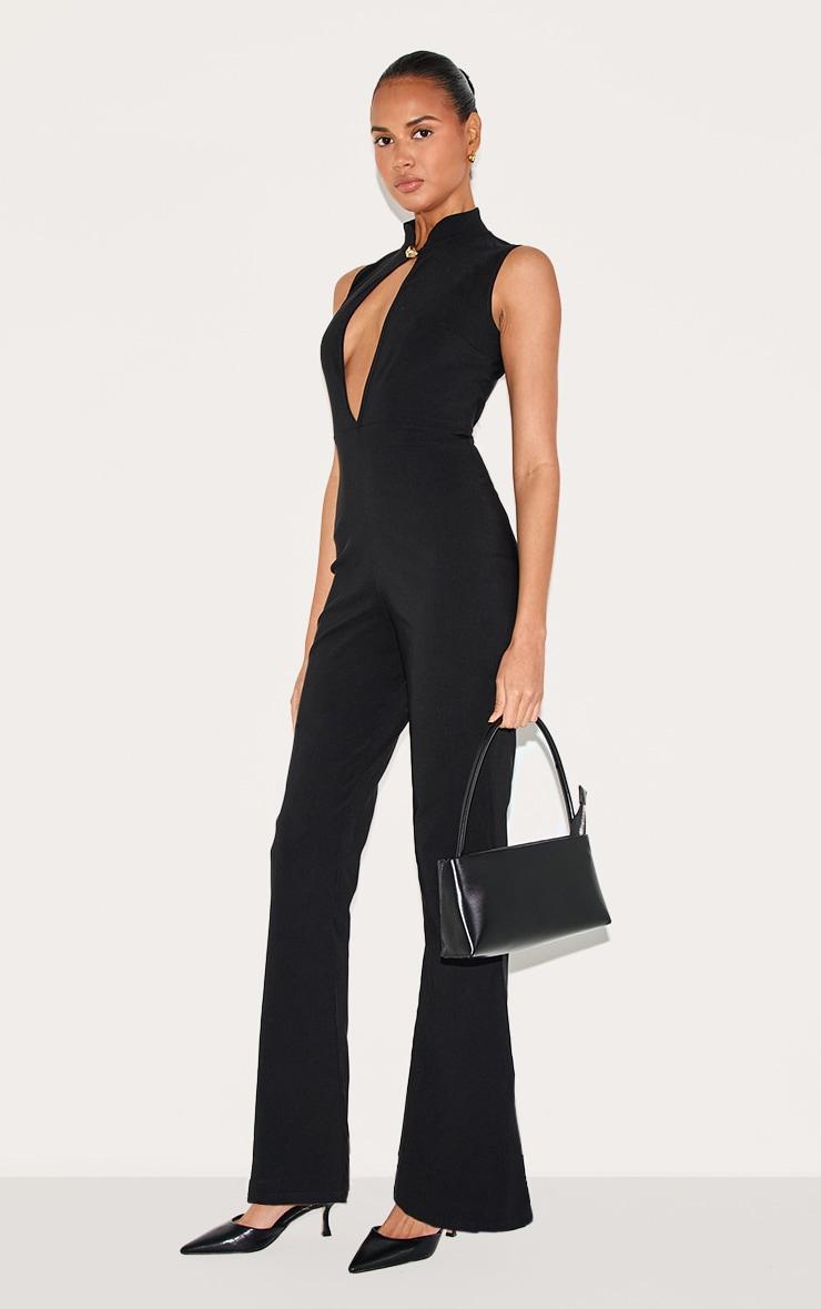 Black Stretch Woven Collared Gold Trim Straight Leg Jumpsuit Product Image