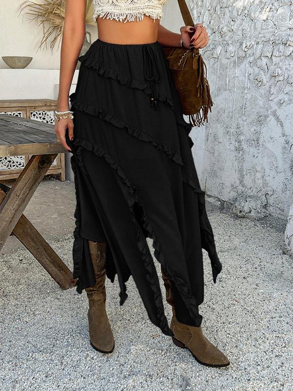 A-Line Loose Drawstring Pleated Ruffle Trim Solid Color Split-Front Skirts Bottoms Product Image