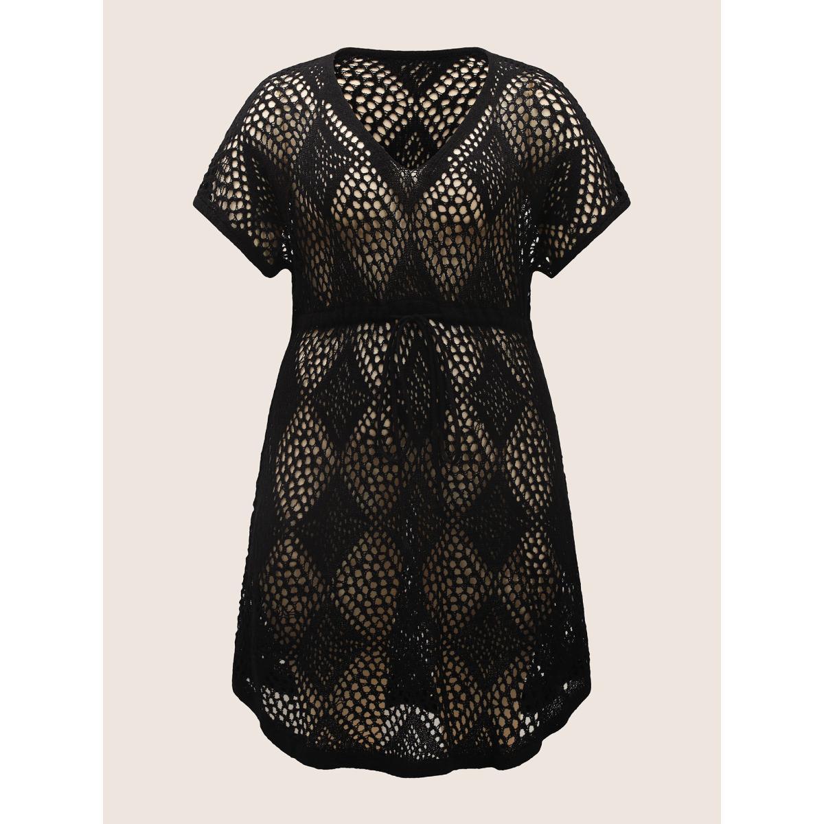 Plus Size Geometric Cut Out Drawstring Dolman Sleeve Swim Cover Up Women's Swimwear Black Beach Loose Texture Curve Swim Cover Ups BloomChic 14-16/1X Product Image