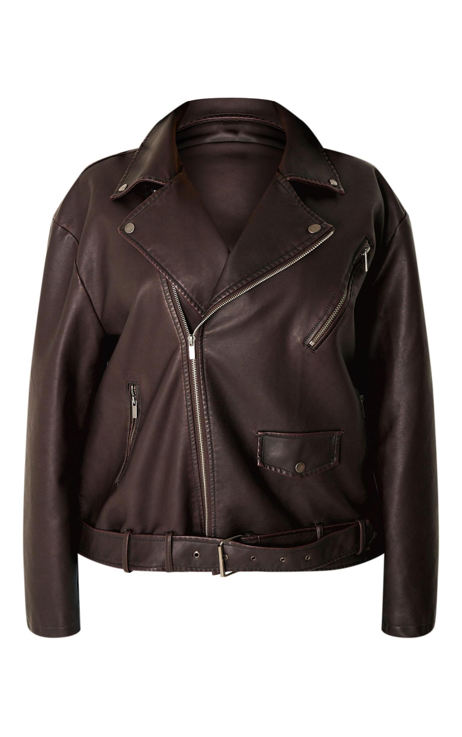 Plus Chocolate Distressed Look Faux Leather Longline Biker Jacket Product Image