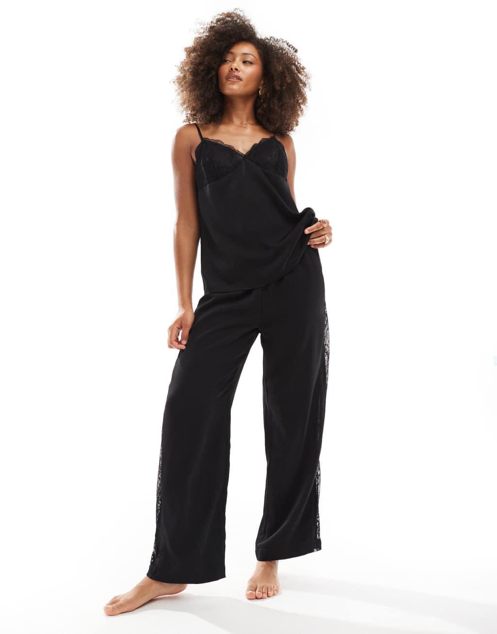 4th & Reckless satin wide leg lace panel detail pajama pants in black - part of a set Product Image