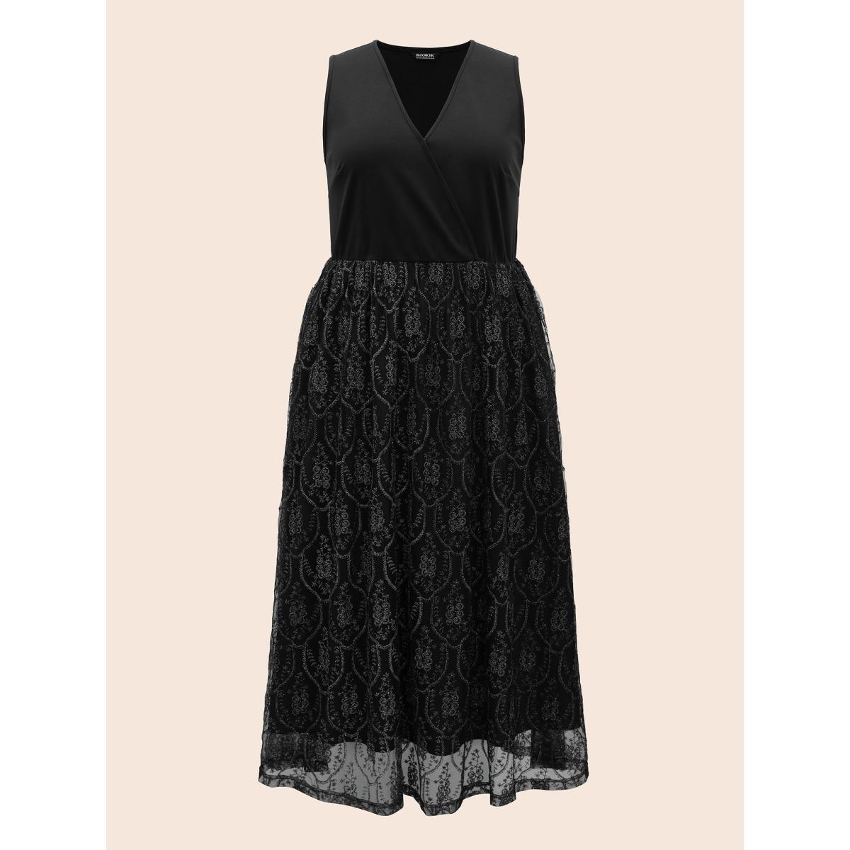 Plus Size Embroidered Mesh Patchwork Sleeveless Dress Black Women Formal Texture Overlap Collar Sleeveless Curvy BloomChic 22-24/3X Product Image