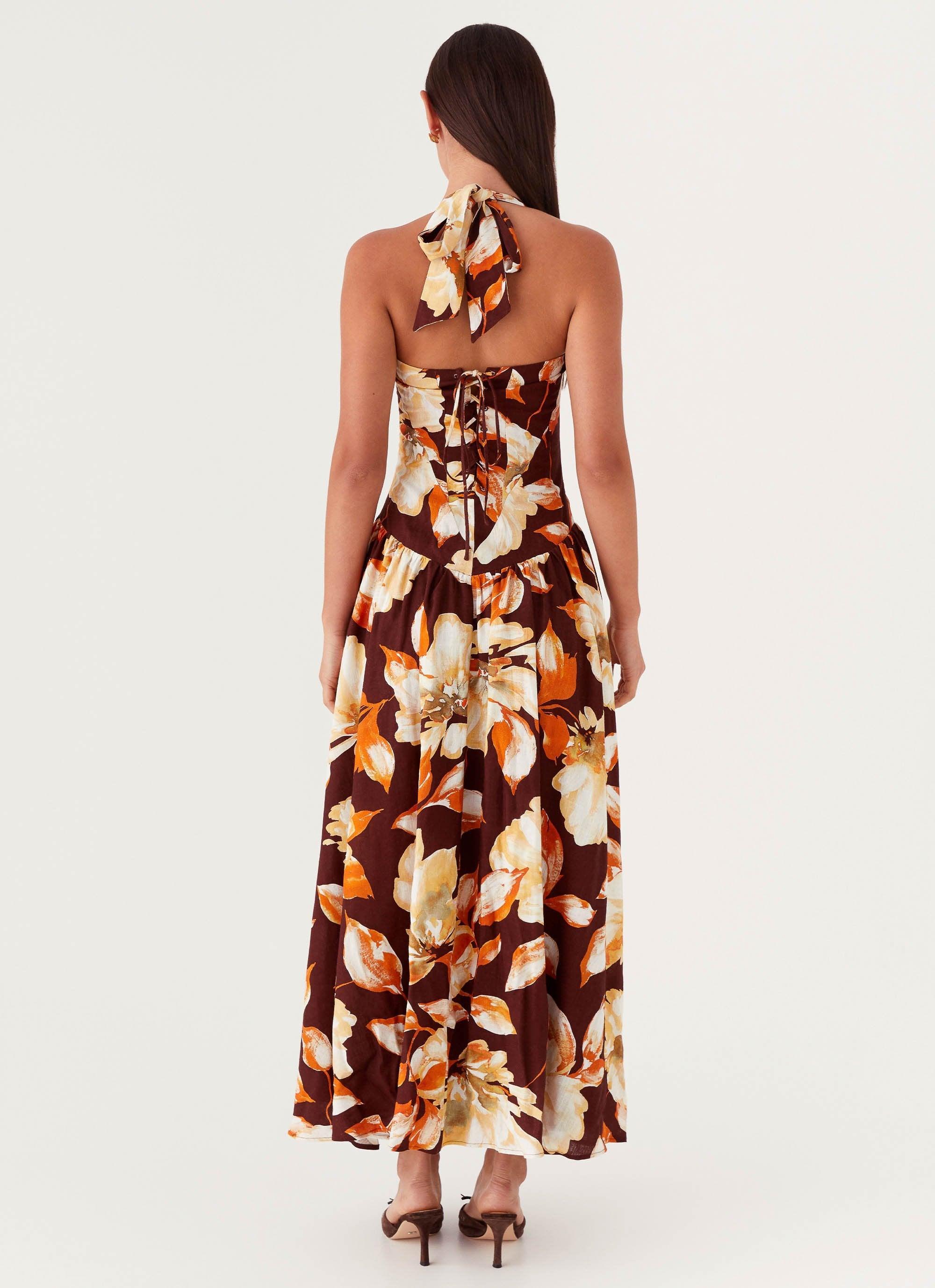 Dahlia Linen Maxi Dress - Brown Floral Product Image