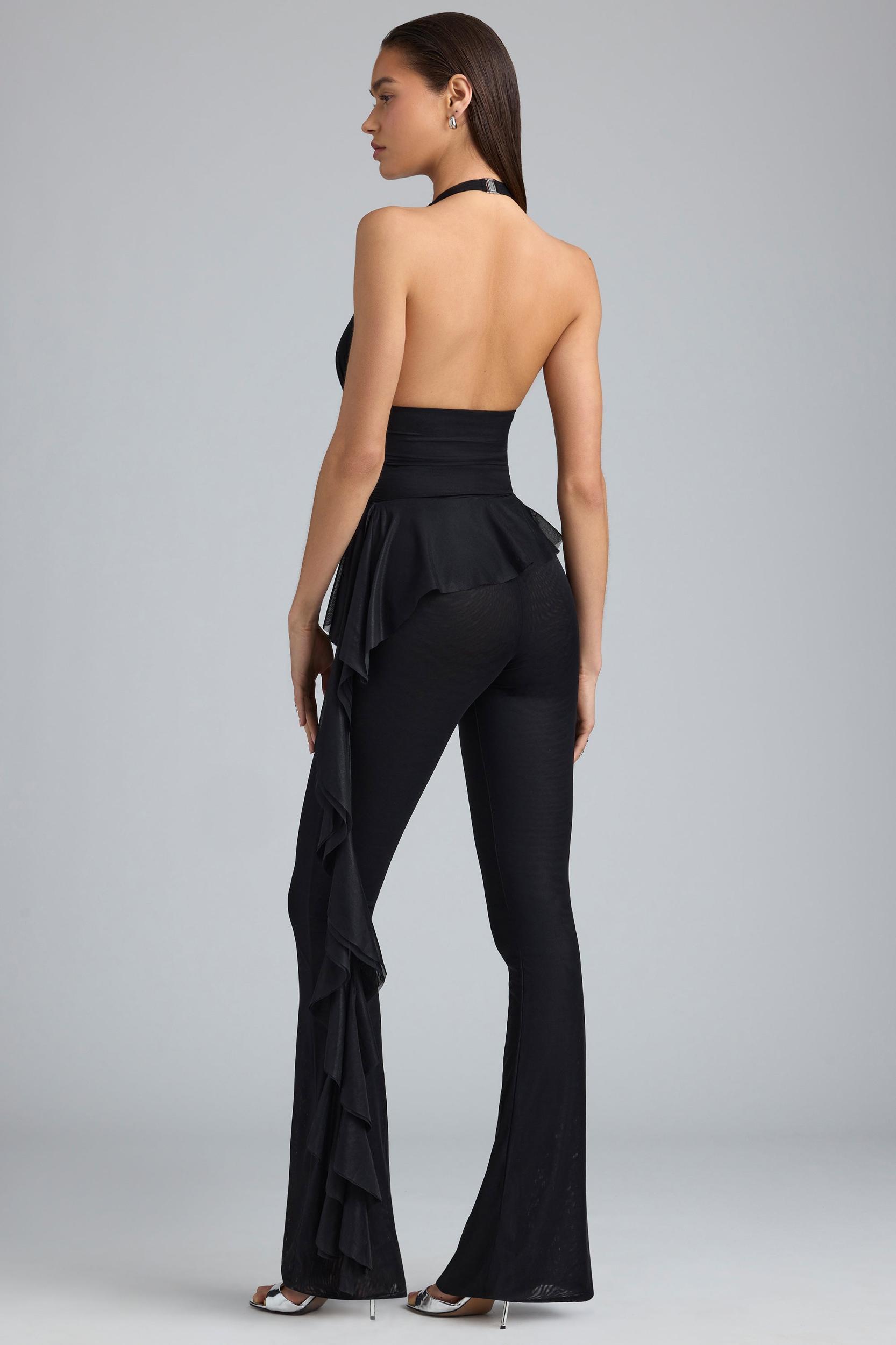 Metallic Ruffle Low-Rise Flared Trousers in Black Product Image