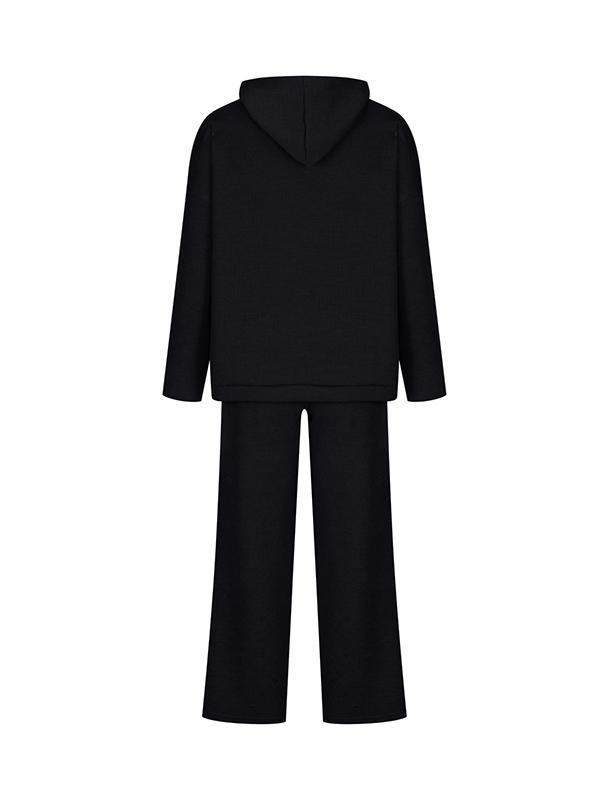 Loose Solid Color Round-Neck Hooded Long Sleeves Sweater Top + Drawstring Pants Bottom Two Pieces Set Product Image