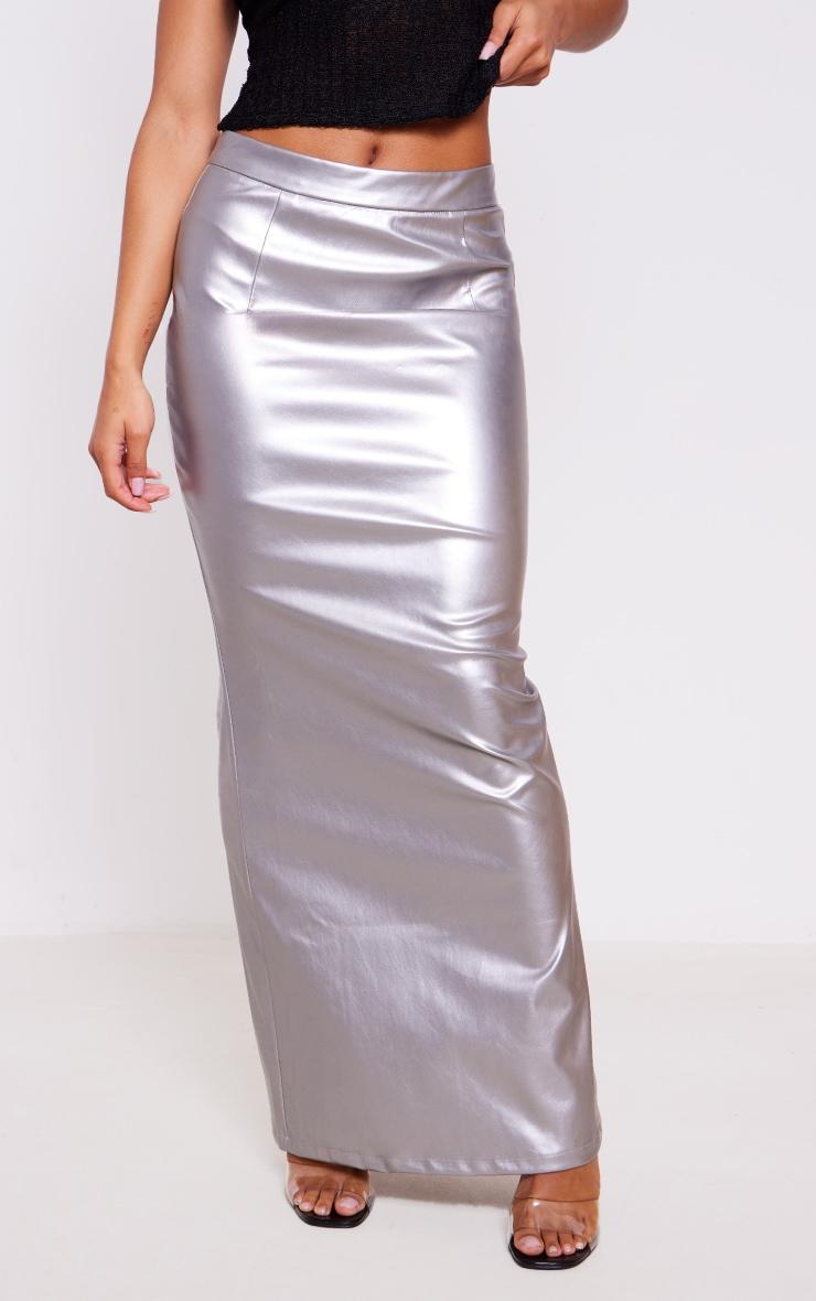 Silver Metallic Faux Leather Maxi Skirt Product Image
