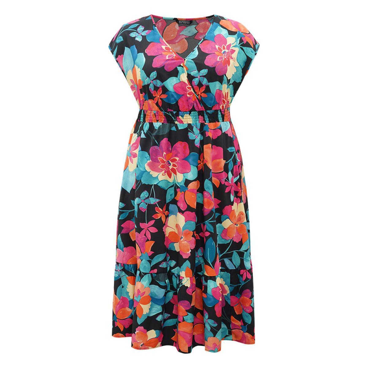 Plus Size Floral Shirred Overlap Collar Batwing Sleeve Dress Black Women Elegant Wrap V-neck Cap Sleeve Curvy Midi Dress BloomChic 14-16/1X Product Image