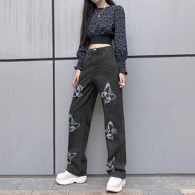 High Wais Butterfly Print Straight Leg Jeans Product Image