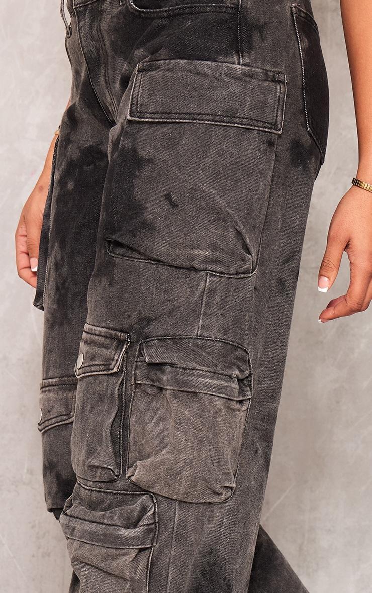 Tall Black Washed Denim Cargo Low Rise Wide Leg Jeans Product Image