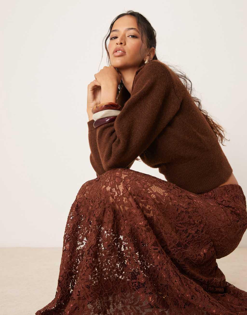 ASOS DESIGN tiered lace maxi skirt in brown Product Image