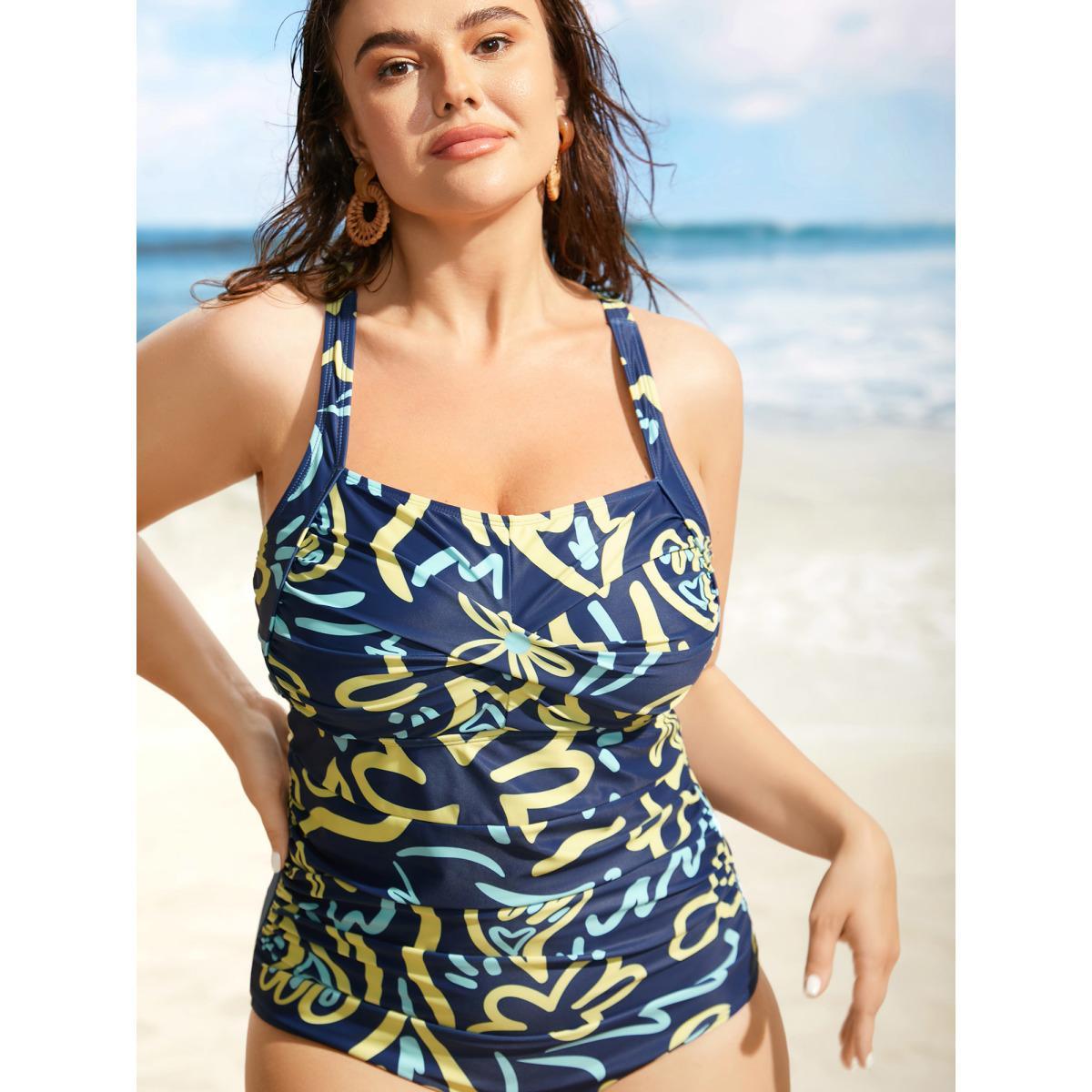 Plus Size Contrast Floral Heart Neckline Twist Front One Piece Swimsuit Women's Swimwear Aegean Beach Twist Curve Bathing Suits High stretch One Pieces BloomChic 28/5X Product Image
