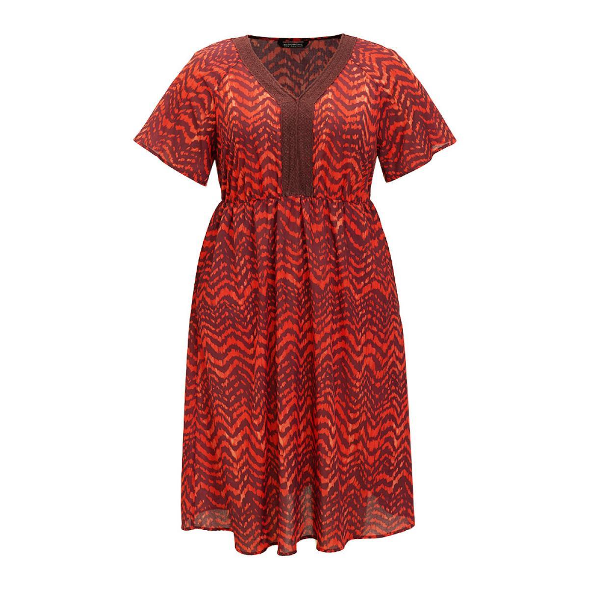 Plus Size Water Ripple Pocket Ruffle Sleeve Lace Dress Scarlet Women Elegant Gathered V-neck Short sleeve Curvy Midi Dress BloomChic 12/L Product Image