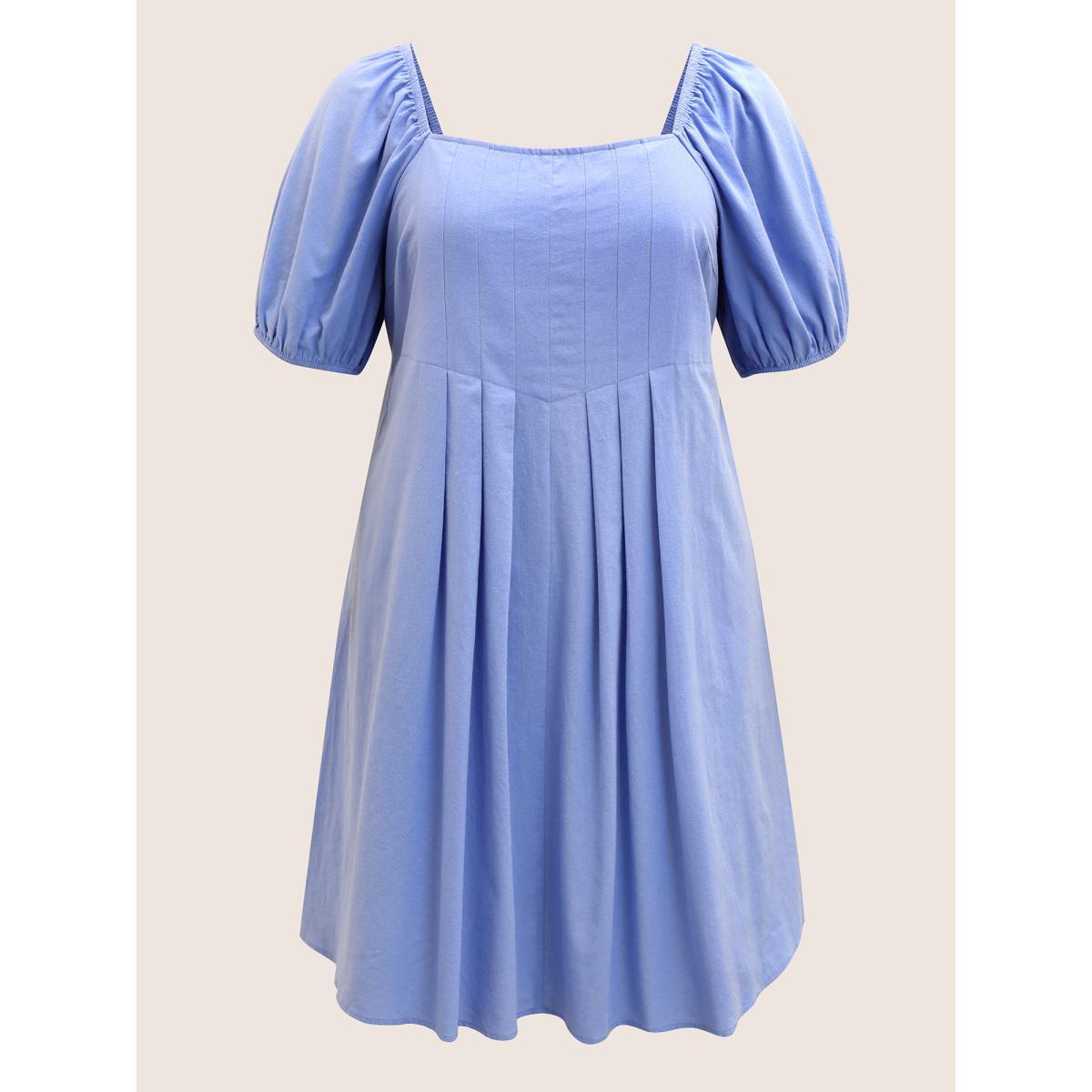 Plus Size Square Neck Plain Pleated Puff Sleeve Dress Stone Women Casual Square Neck Short sleeve Curvy BloomChic 10/M Product Image