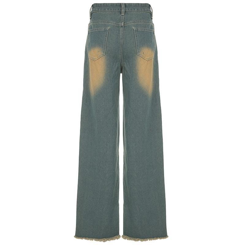 High Waist Washed Straight-Fit Jeans Product Image