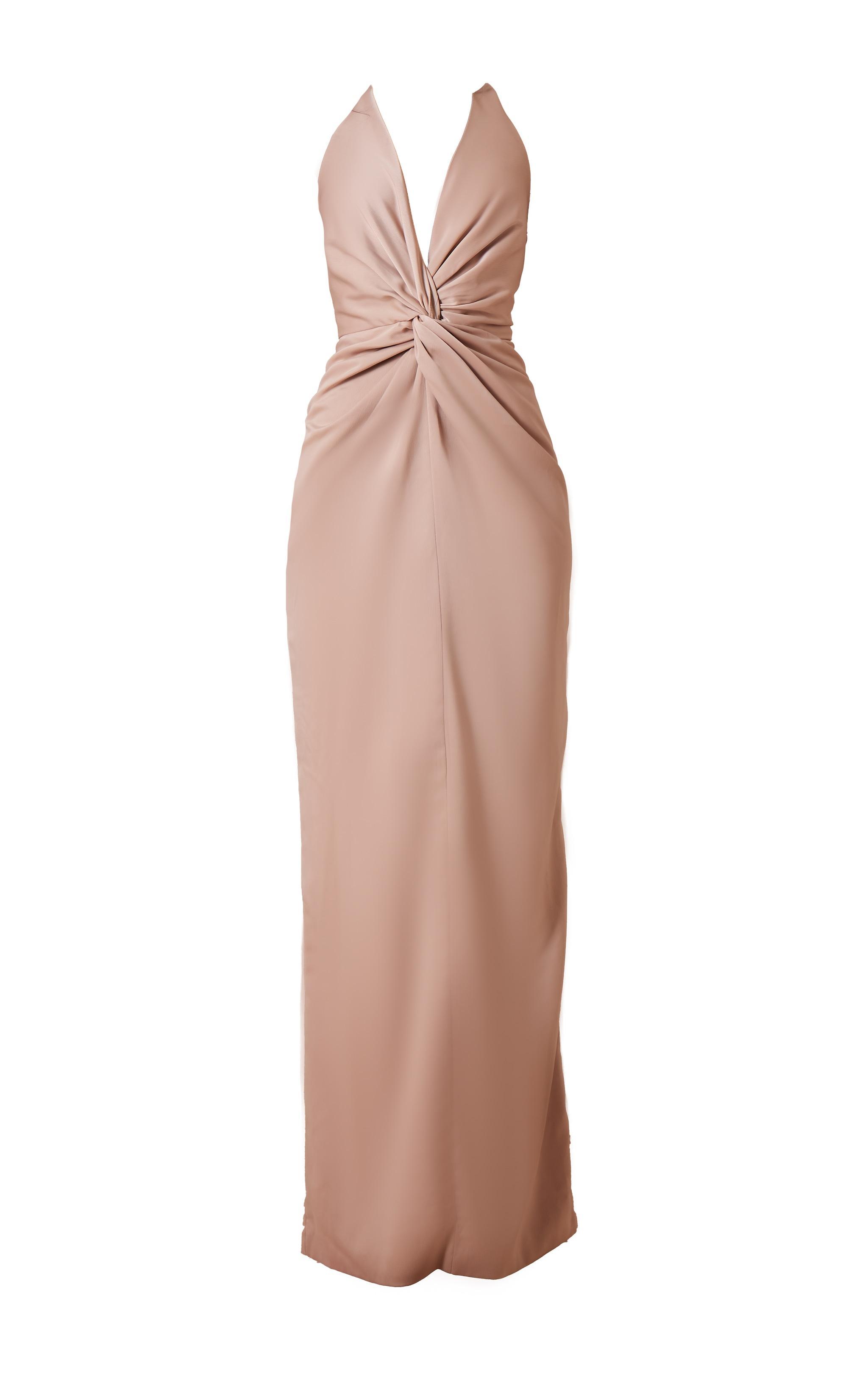 Champagne Bridesmaid Satin Twist Plunge Halterneck Maxi Dress Product Image