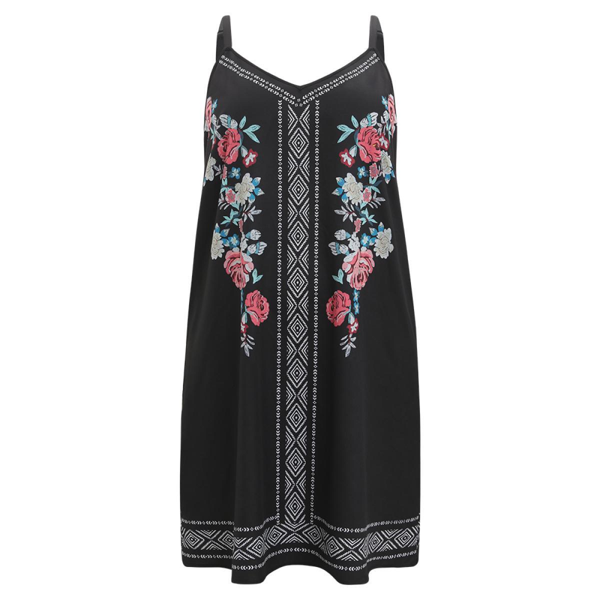 Plus Size Boho Print Pocket Cami Knee Dress Black Women Vacation Printed Spaghetti Strap Sleeveless Curvy Knee Dress BloomChic 10/M Product Image